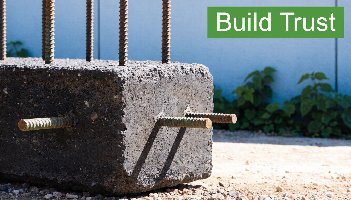 A large concrete block with protruding metal rebar stands on a construction site with green vegetation.