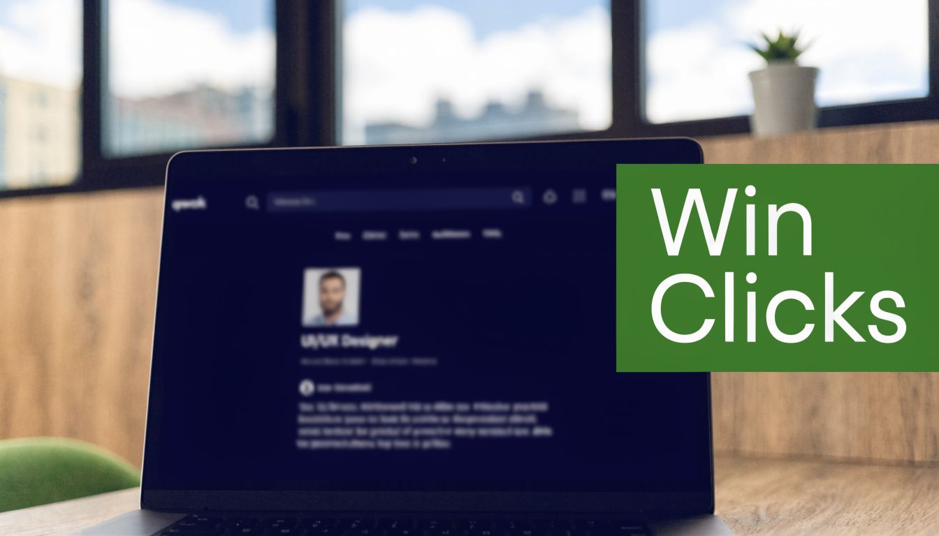 A professional laptop screen displaying an Upwork profile for a UI/UX designer on a wooden desk.