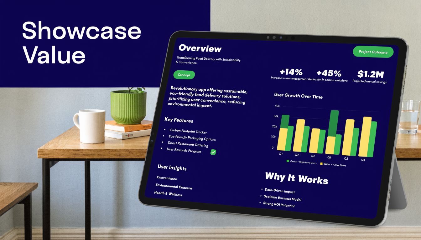 A digital tablet displaying a project presentation about sustainable food delivery with growth charts and key metrics.