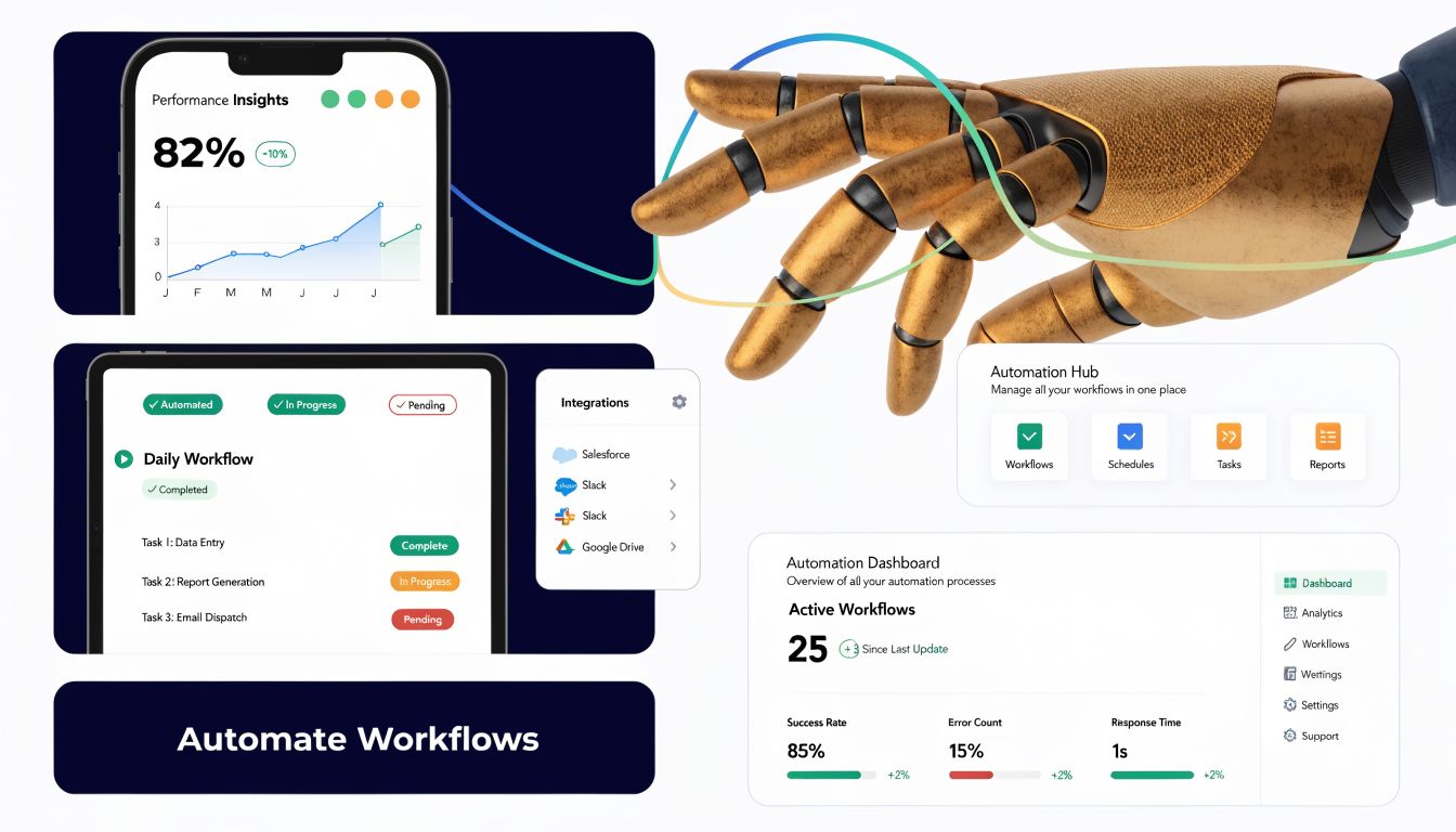 A digital interface showcasing automation dashboard tools, workflow management, and performance insights with a robotic hand.