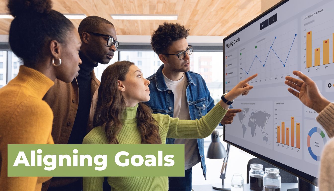 A diverse team of professionals collaboratively reviewing business data metrics on a large digital presentation screen.
