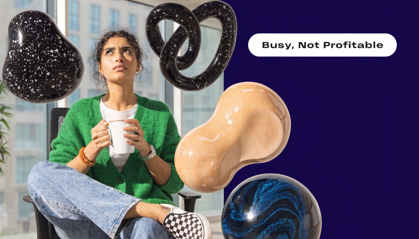 A contemplative young woman holding a mug in an office setting surrounded by abstract artistic 3D shapes.
