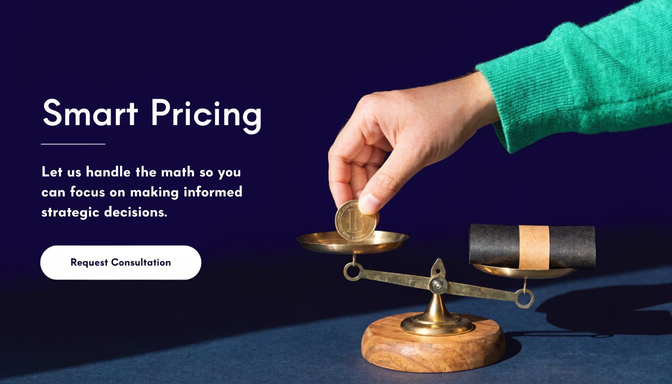 A hand placing a gold coin on a balance scale next to a scroll representing strategic pricing decisions.