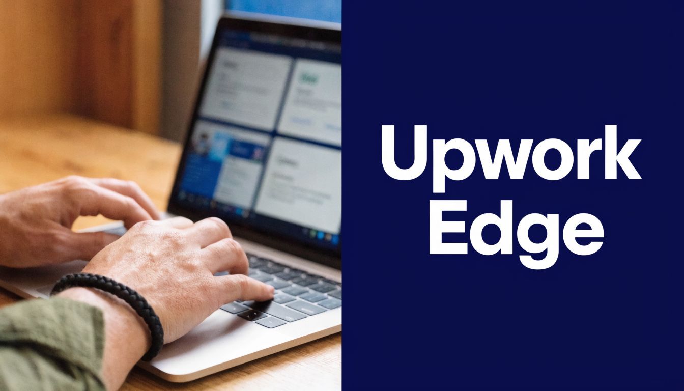 A close-up view of a person using a laptop with the text Upwork Edge overlayed on screen.