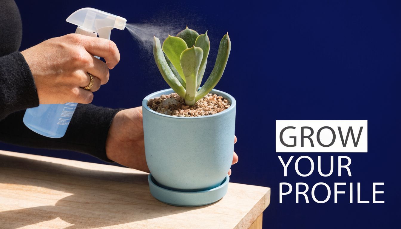 A person sprays water from a bottle onto a green succulent plant in a blue ceramic pot.