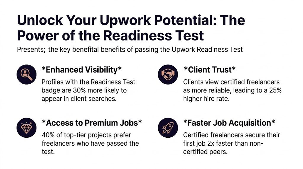 An infographic detailing the benefits of passing the Upwork readiness test, including increased visibility and hiring rates.
