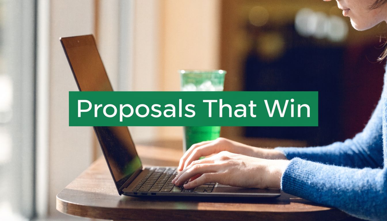 A professional writing winning proposals on a laptop at a cafe table while wearing a blue sweater.