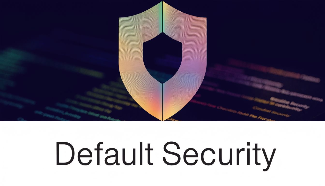 A stylized shield icon overlaid on blurred computer code with the text Default Security below.