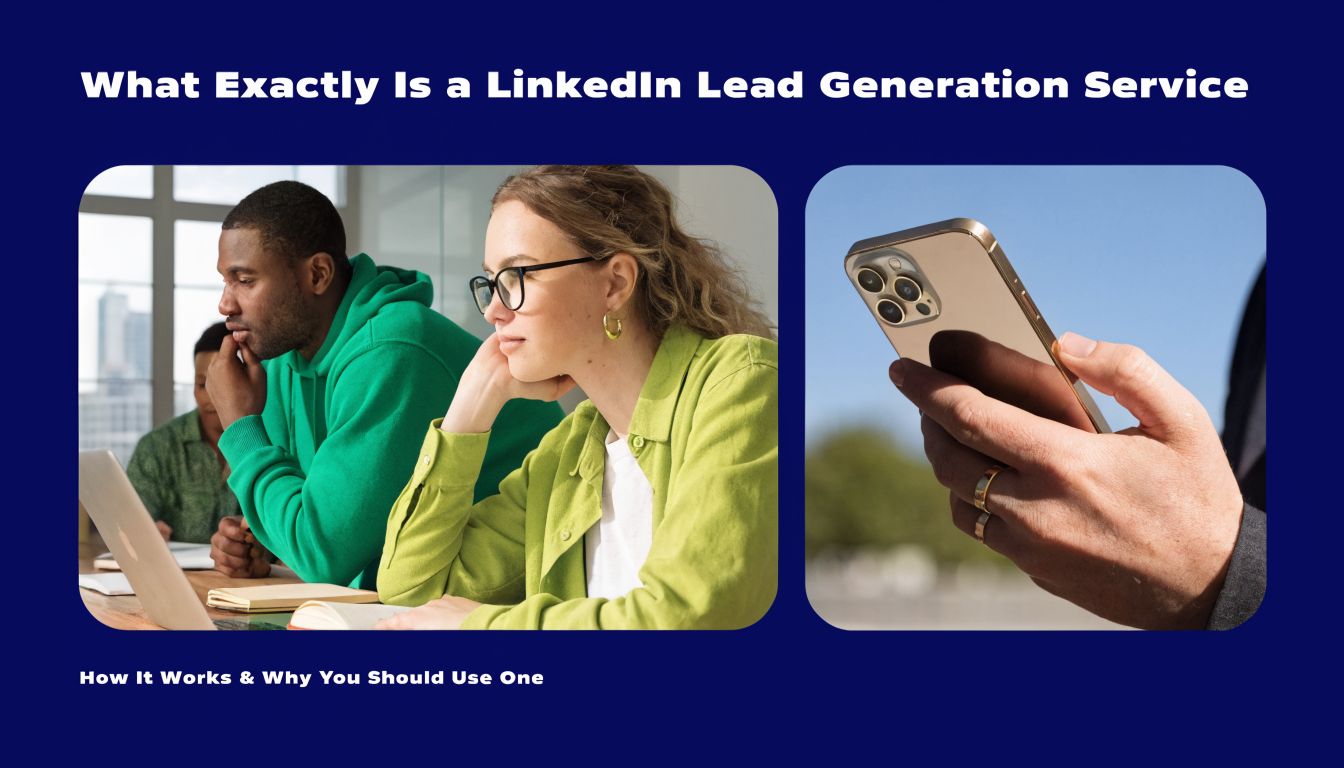 Professionals working on a laptop alongside a person holding a smartphone, illustrating LinkedIn lead generation concepts.