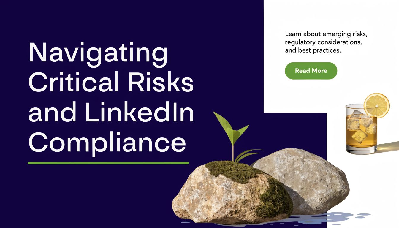 A marketing graphic titled Navigating Critical Risks and LinkedIn Compliance featuring a drink and mossy rocks.