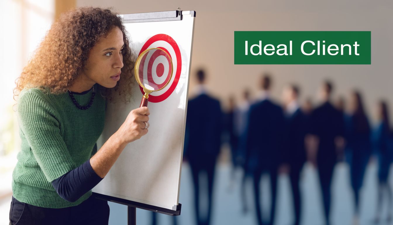 A professional woman uses a magnifying glass to inspect a target symbol on a white presentation board.