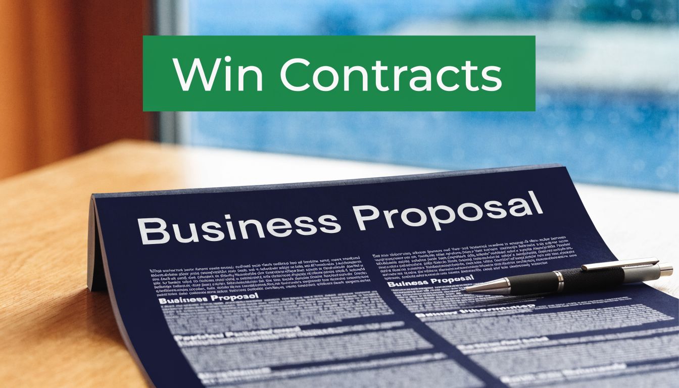 A professional business proposal document placed on a desk with a pen, ready for signature.
