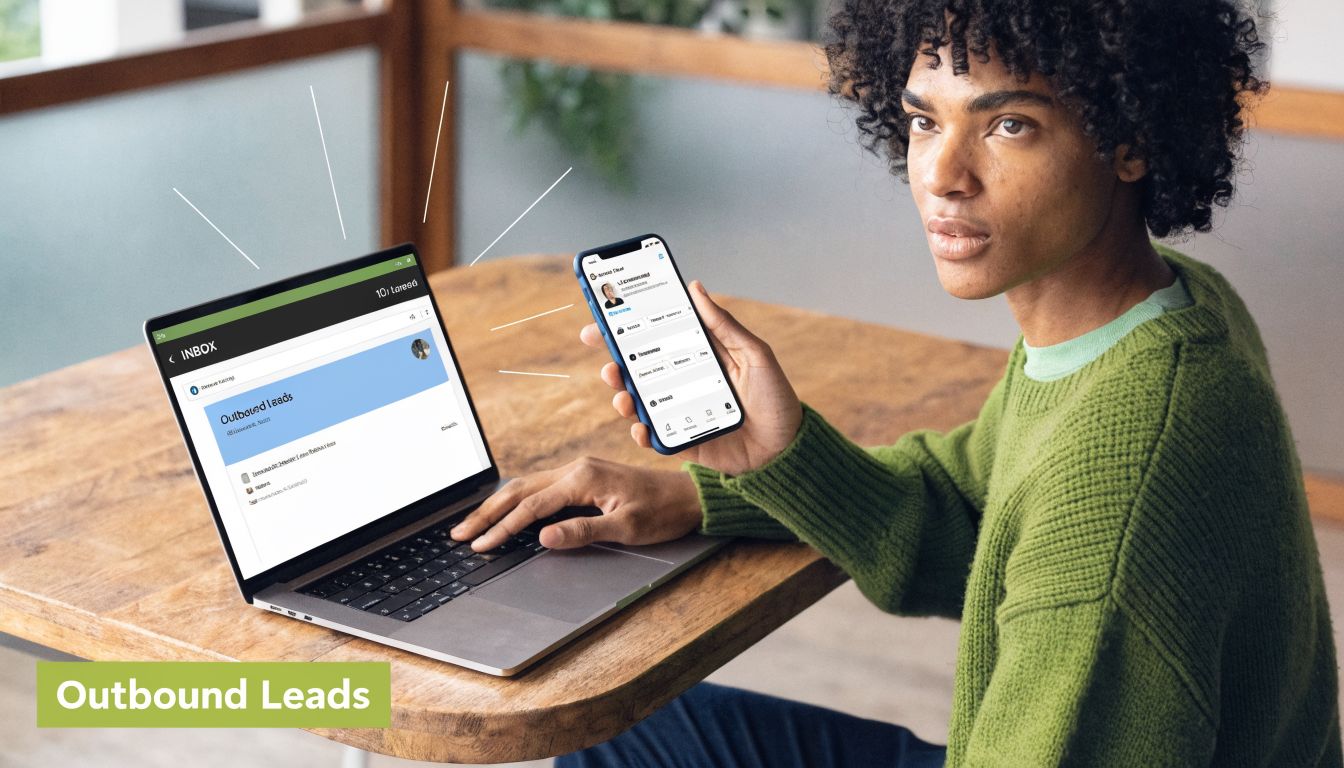 A creative professional working on a laptop while checking mobile app notifications to find new business leads.