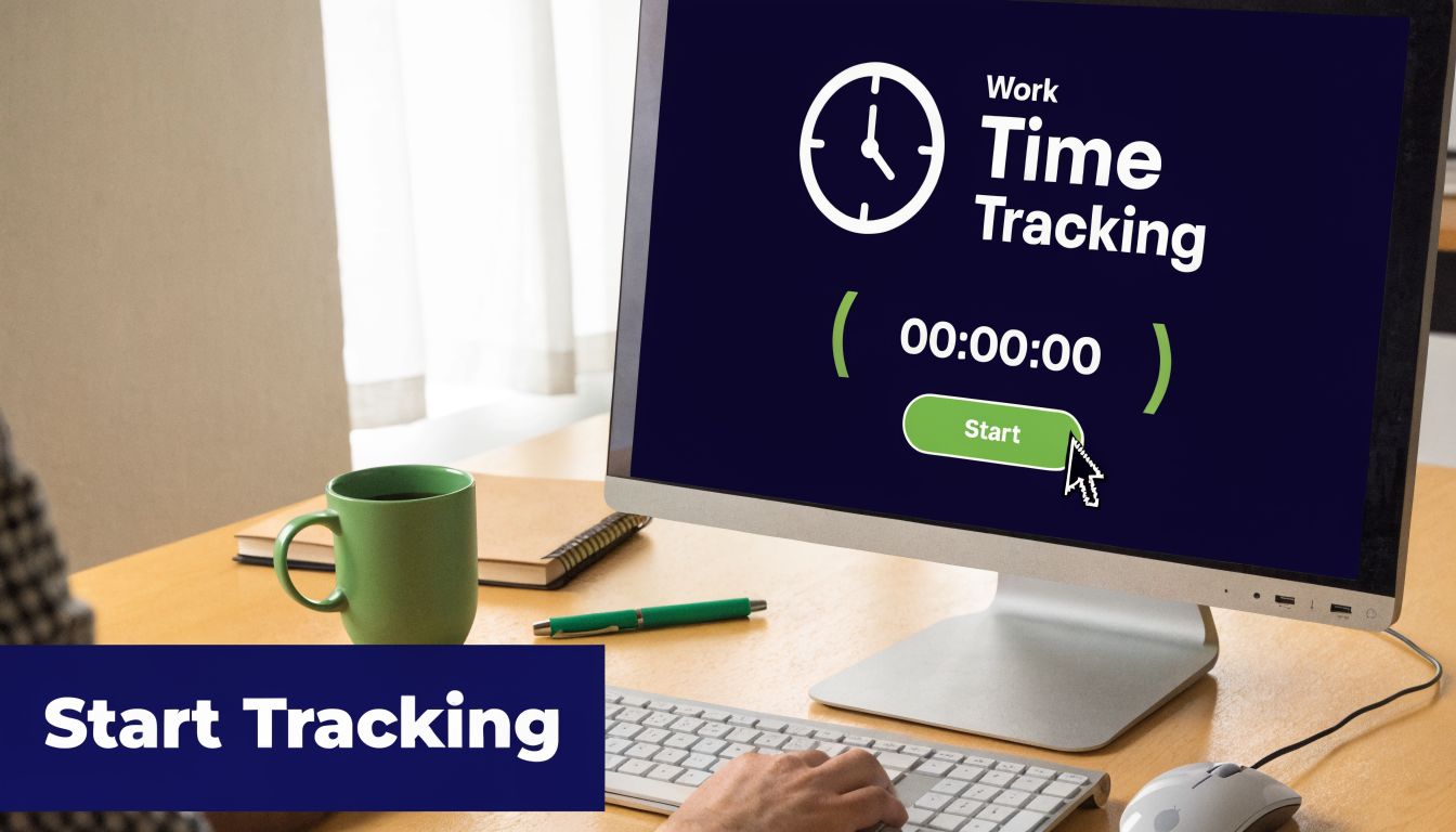 A person using a computer to start a work time tracking application on their desk workspace.