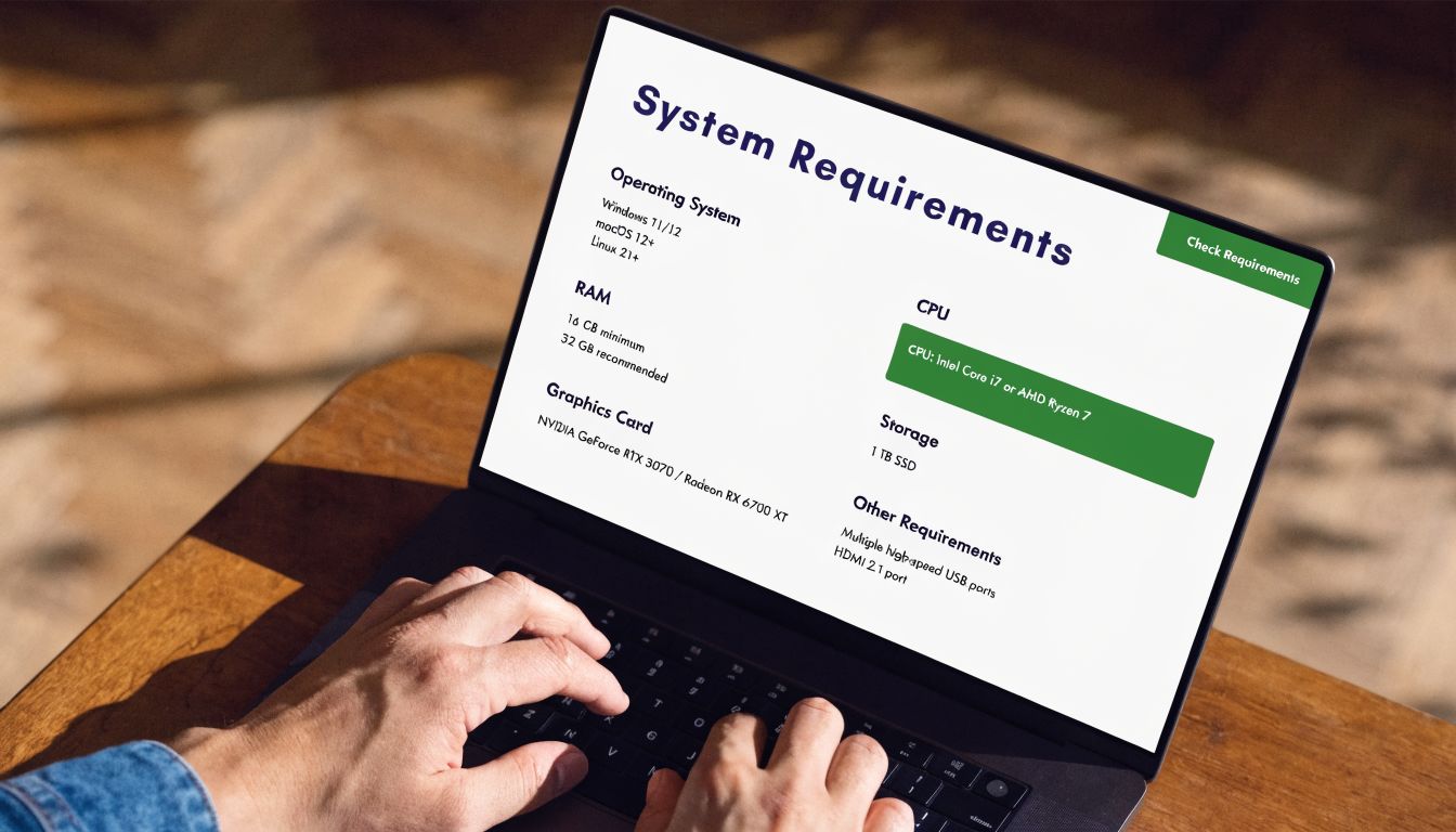A person typing on a laptop screen displaying system requirements for software installation on a desk.