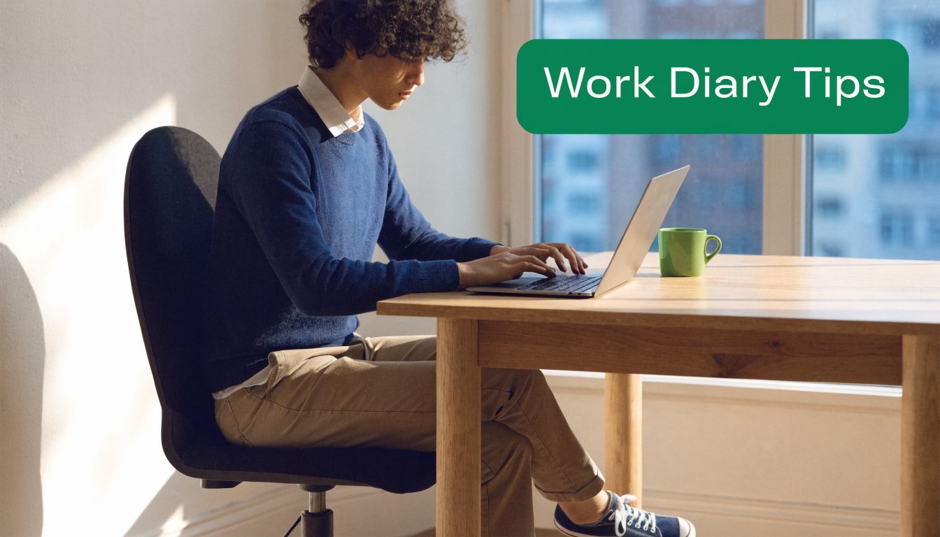 A person with curly hair working on a laptop at a desk with a green mug.