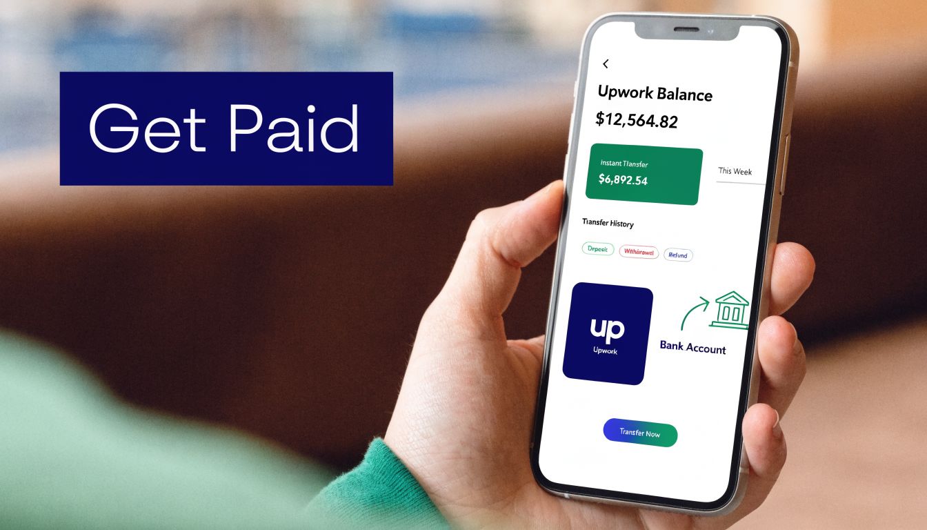 A hand holding a smartphone showing an Upwork interface displaying a balance and payment transfer options.