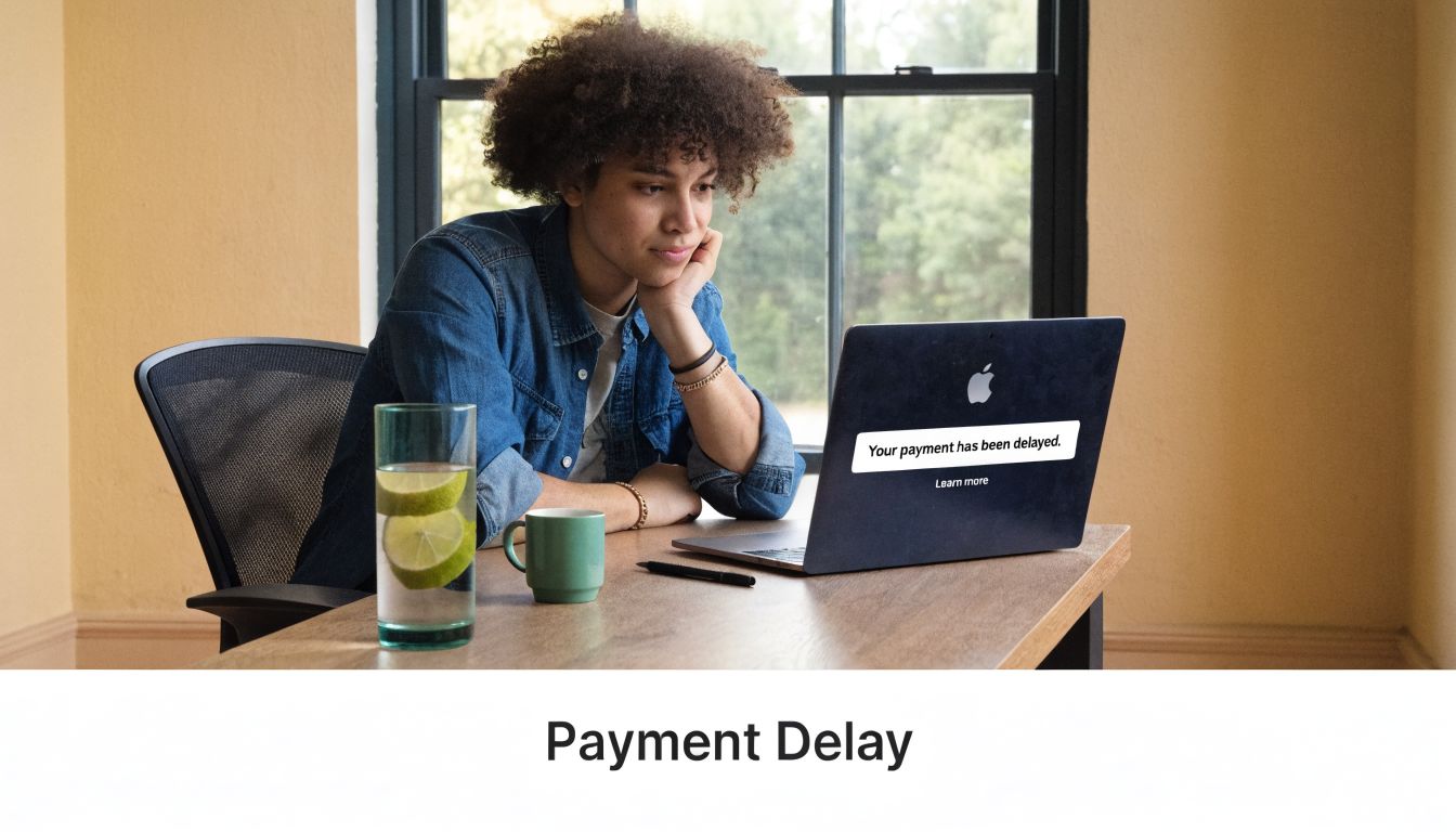 A young person with curly hair sitting at a desk looking concerned at a laptop displaying a payment notification.