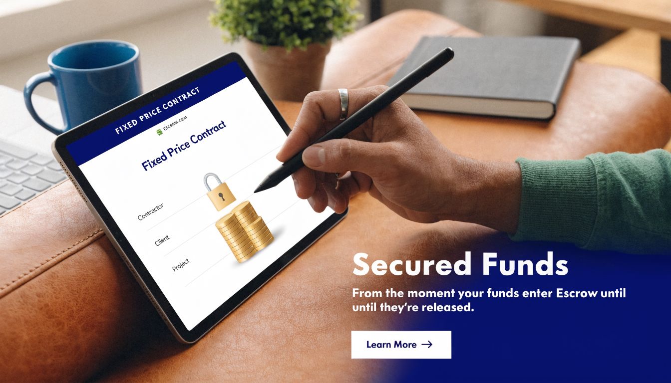 A person signs a digital fixed price contract on a tablet using a stylus for secure escrow funds.