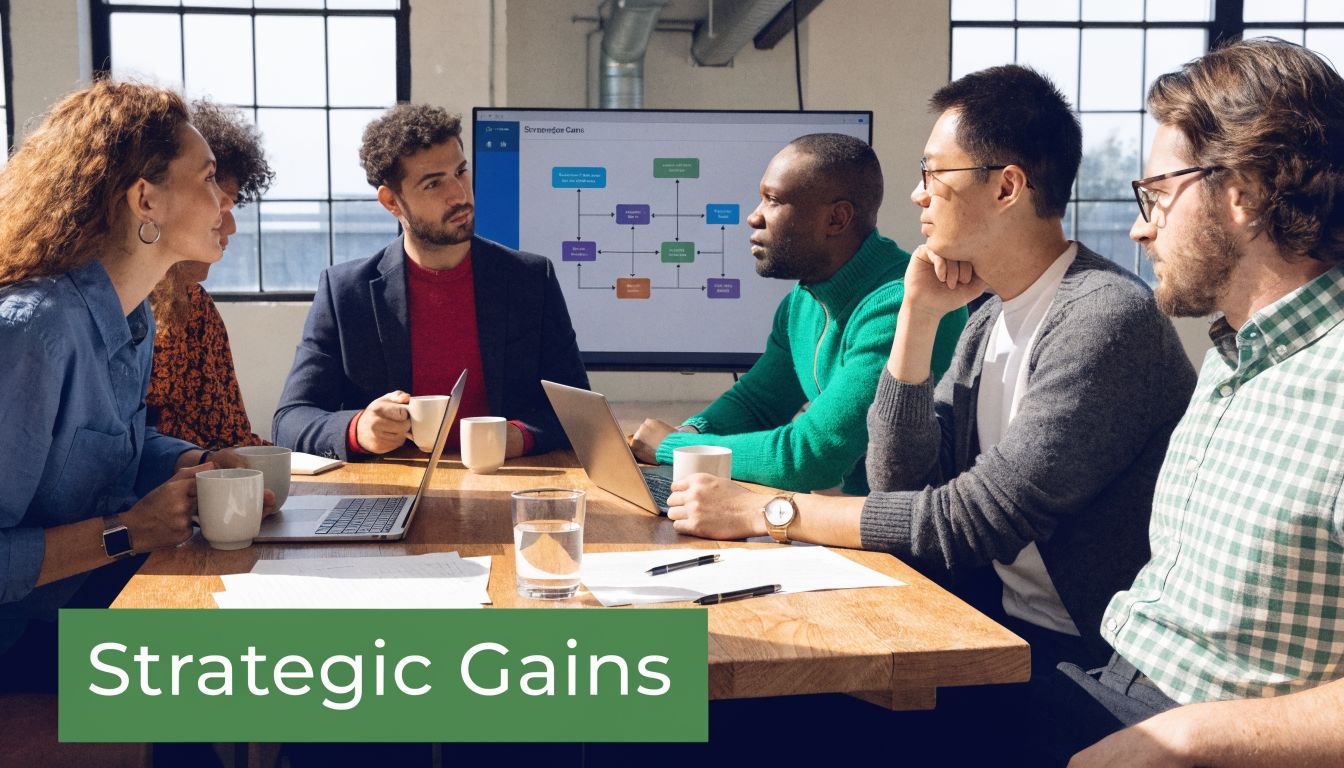 A diverse group of professionals collaborating around a wooden table during a strategy meeting in an office.