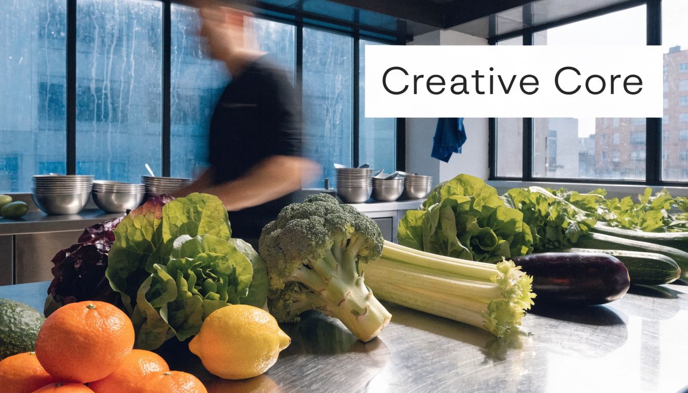 A professional chef works in a kitchen filled with fresh vegetables and fruits on a metal counter.