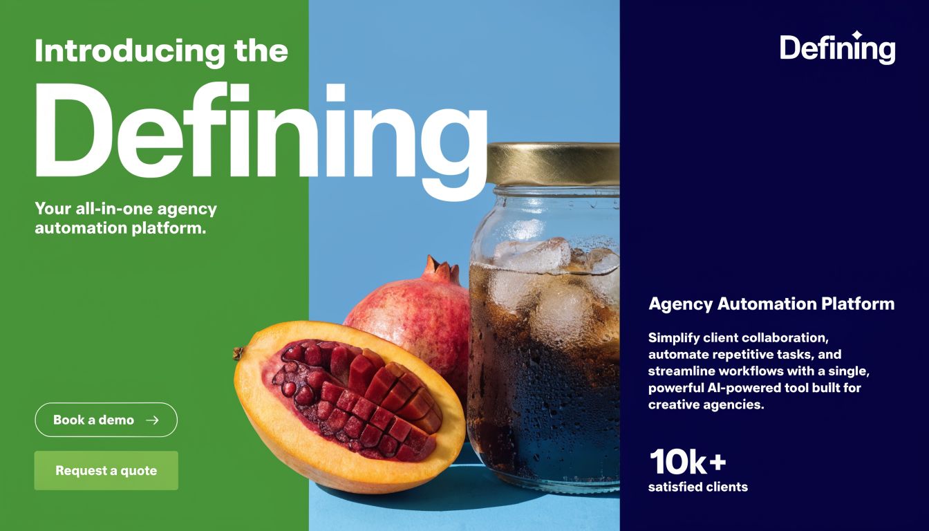 A digital marketing promotional banner for Defining agency automation platform featuring a pomegranate and a refreshing drink.