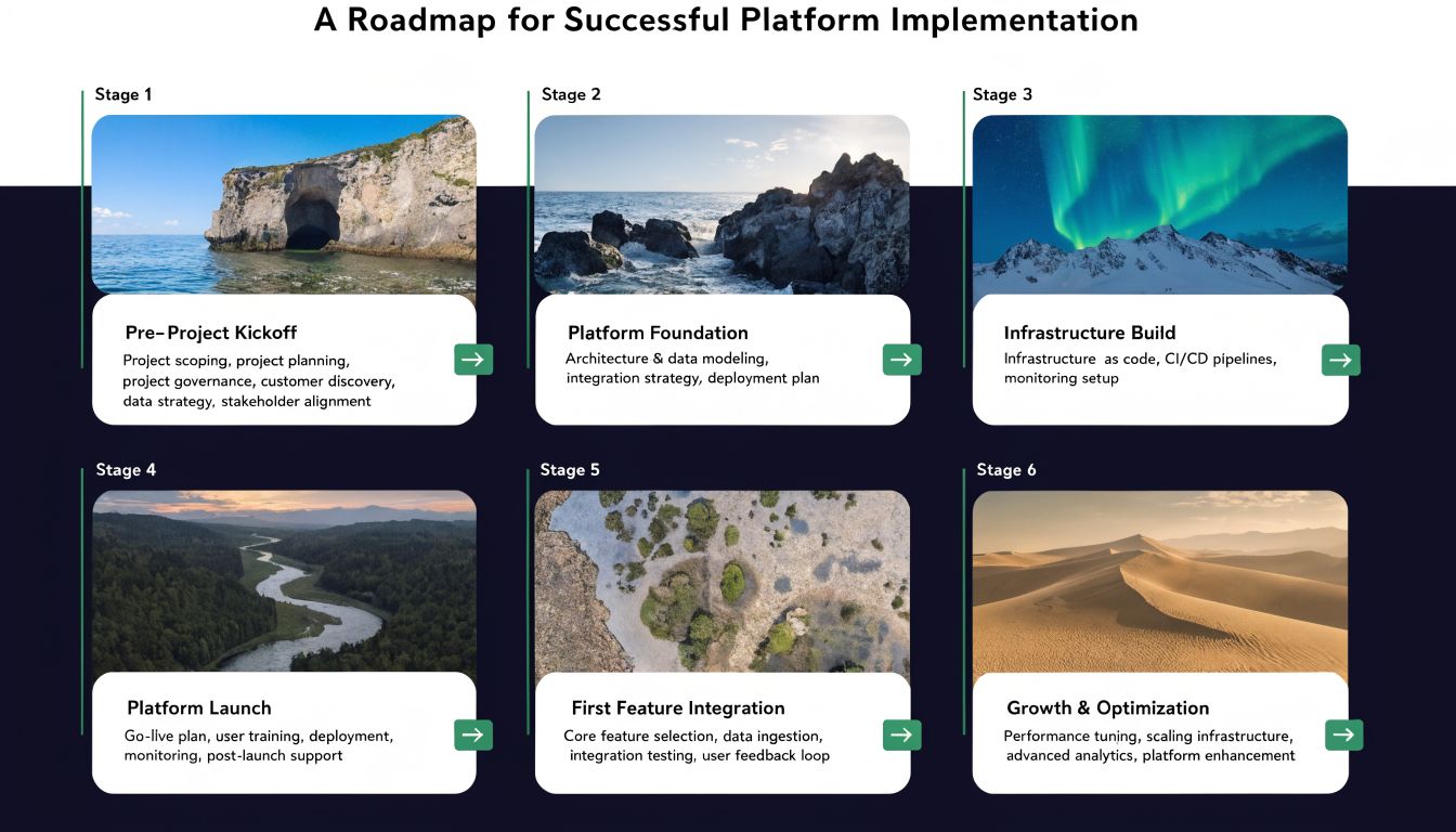 A six-stage roadmap infographic illustrating the sequential steps for successfully implementing a new business technology platform.