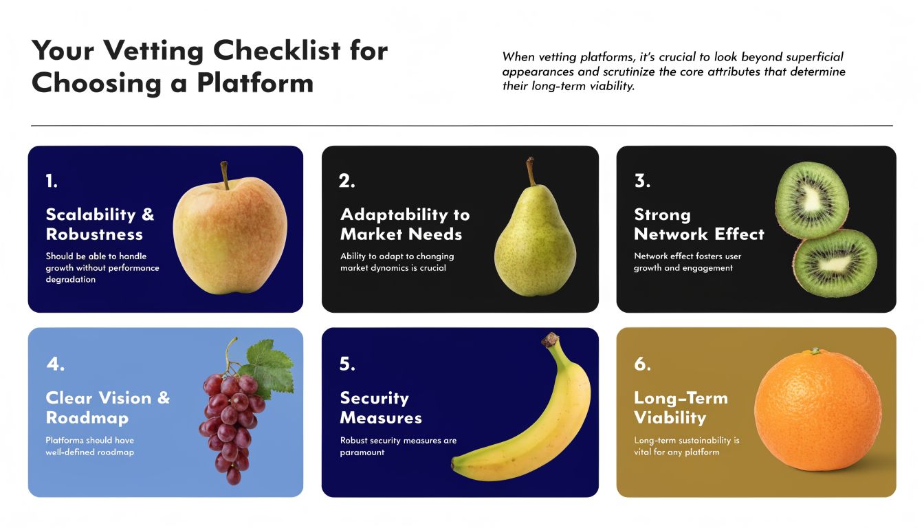 An infographic titled Your Vetting Checklist for Choosing a Platform displaying six numbered business success factors.