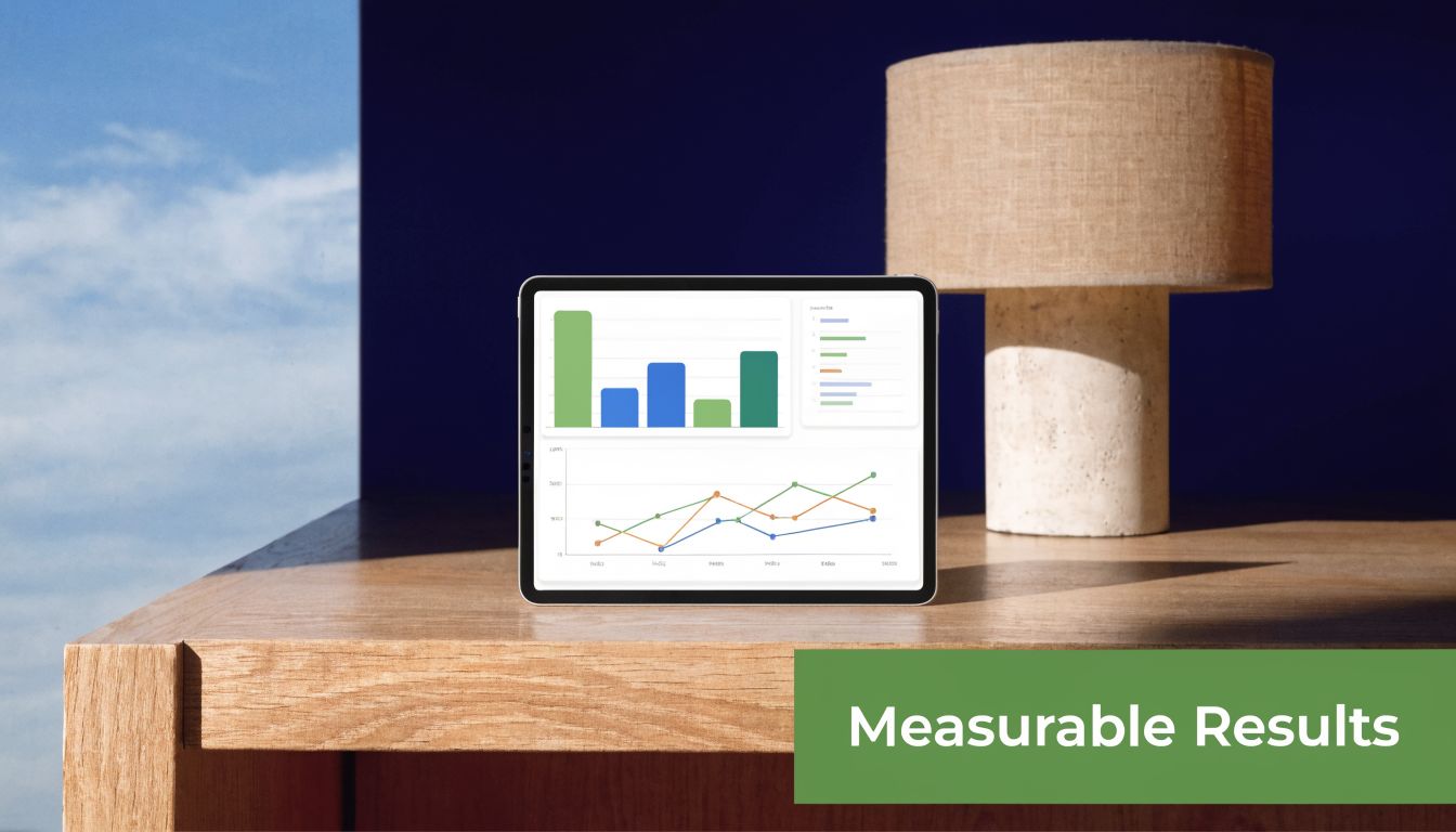 A digital tablet displaying business data charts and graphs sits on a wooden desk with a lamp.