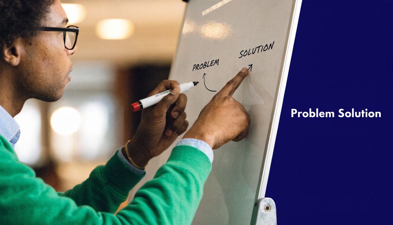 A person writing the words problem and solution on a whiteboard during a professional presentation.
