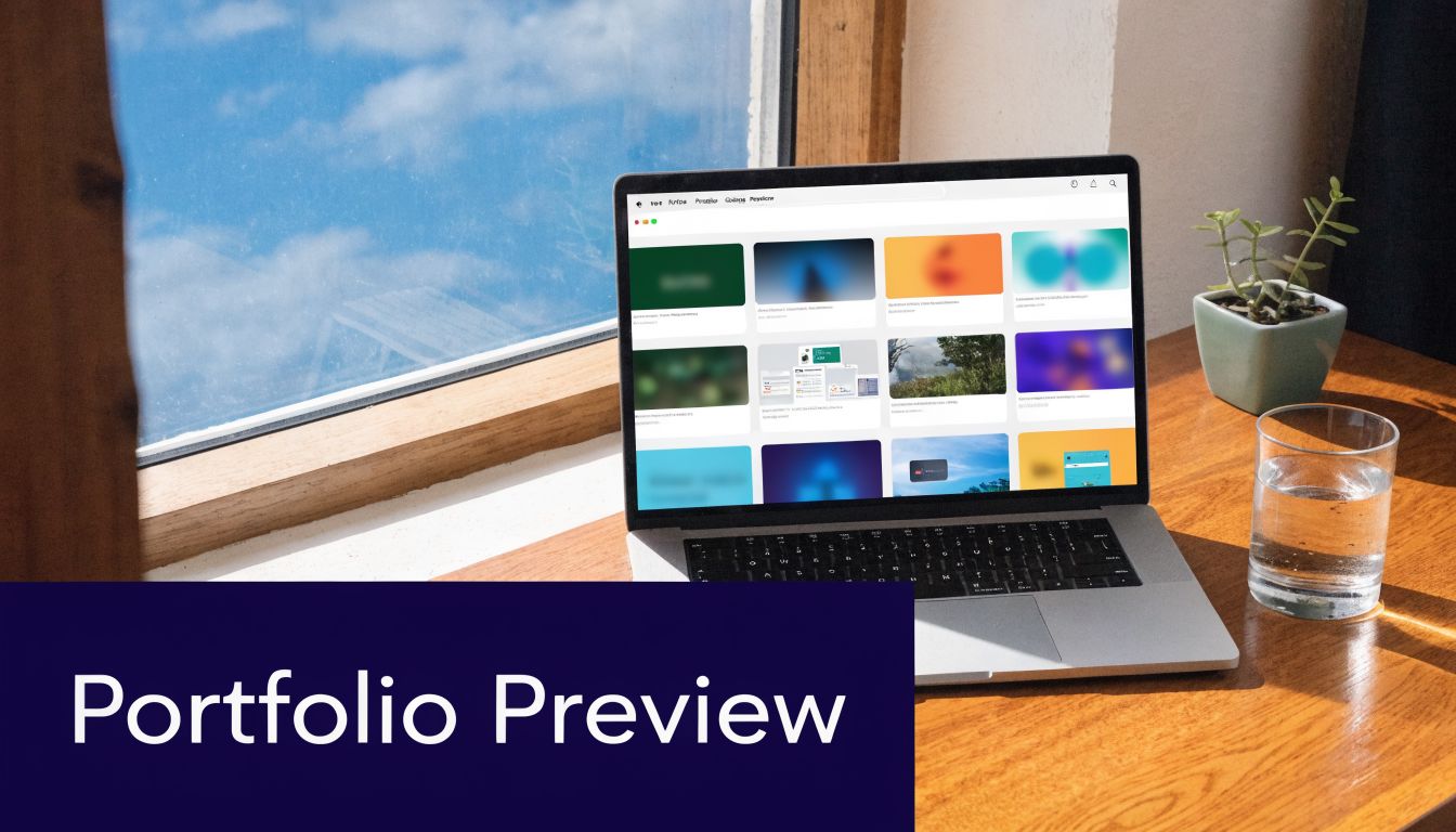 A laptop screen showing a portfolio design on a wooden desk near a sunny window.