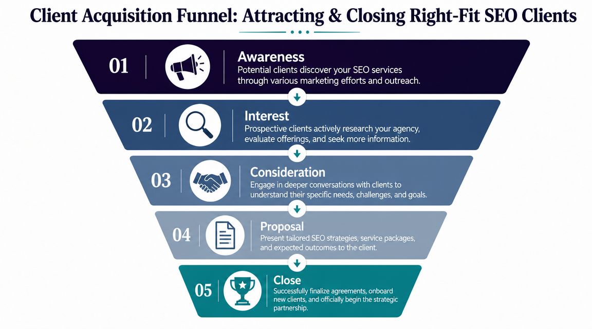 A five-step client acquisition funnel diagram for attracting and closing right-fit SEO services clients.