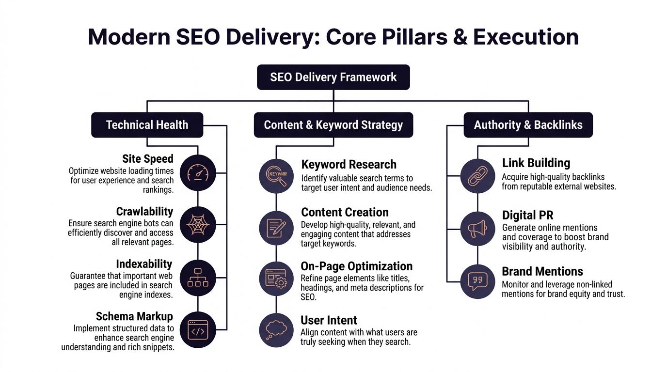 A diagram outlining the three core pillars of a modern SEO delivery framework, including technical health, content, and authority.