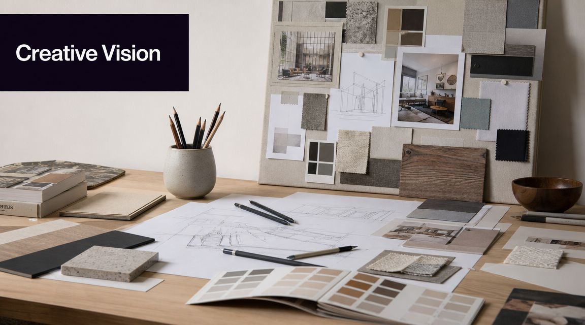 A professional interior designer workspace with mood boards, architectural sketches, fabric samples, and color palettes.