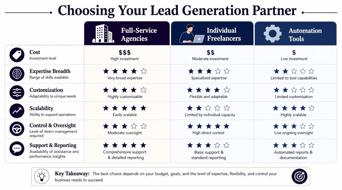 A comparison chart outlining the pros and cons of full-service agencies, individual freelancers, and automation tools for lead generation.