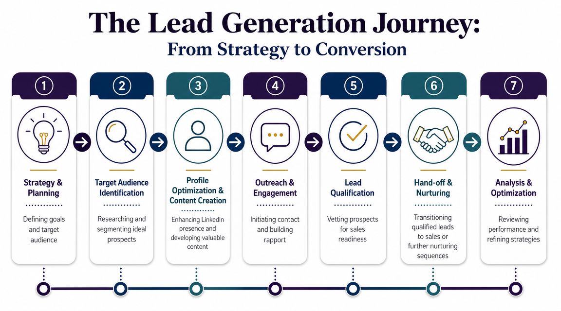 A seven-step flowchart illustrating the lead generation journey from initial strategy to final performance analysis.