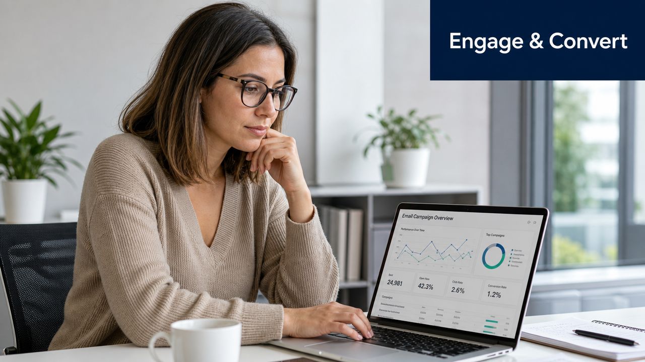 A professional woman working on a laptop displaying email campaign analytics in a bright office environment.