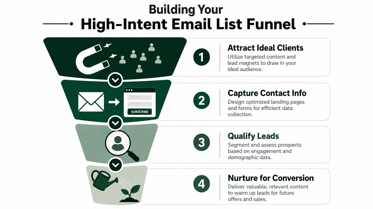 A diagram illustrating the four steps to build a high-intent email marketing lead generation funnel.