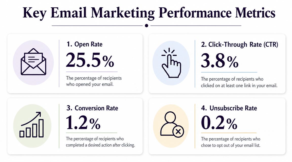An infographic displaying four key email marketing performance metrics with percentages and their brief definitions.