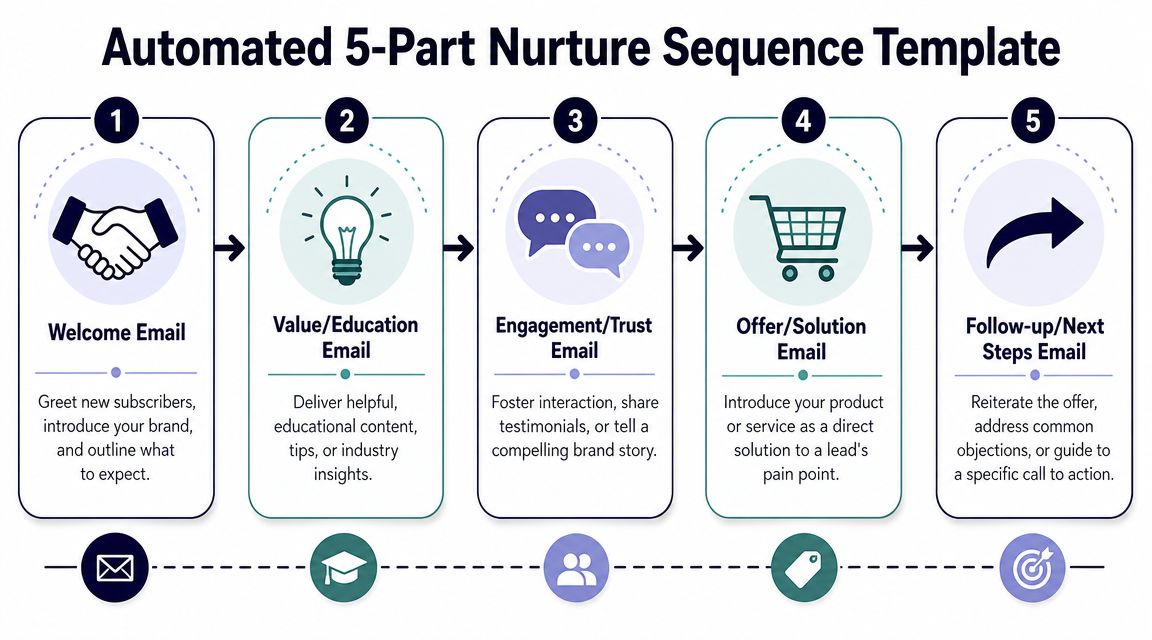 A diagram outlining a five-part automated email nurture sequence template for marketing to new subscribers.