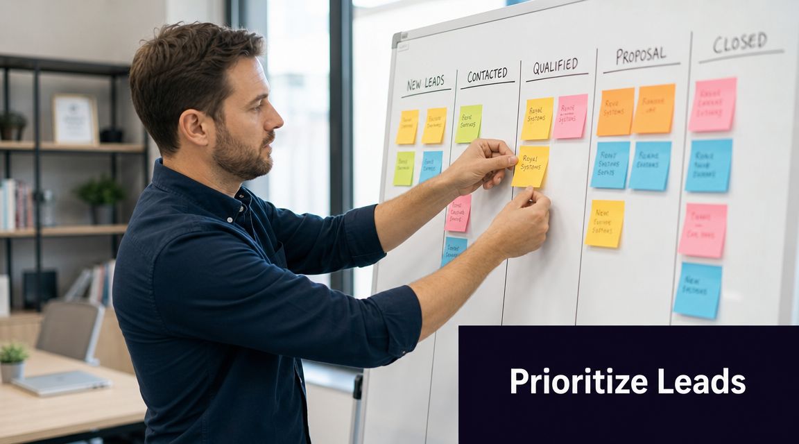 A professional man moving a sticky note on a whiteboard labeled with lead generation sales stages.