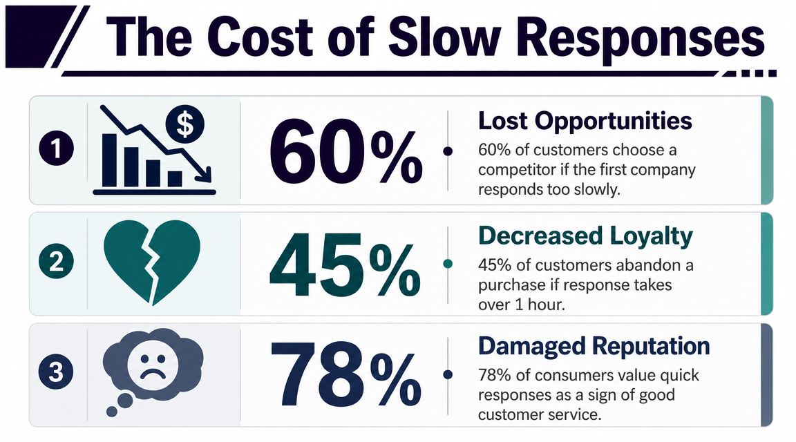 An infographic showing how slow response times lead to lost business opportunities, decreased customer loyalty, and damaged reputation.