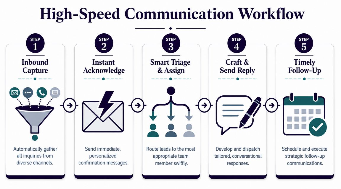 A five-step infographic illustrating a high-speed communication workflow for managing customer inquiries and responses efficiently.