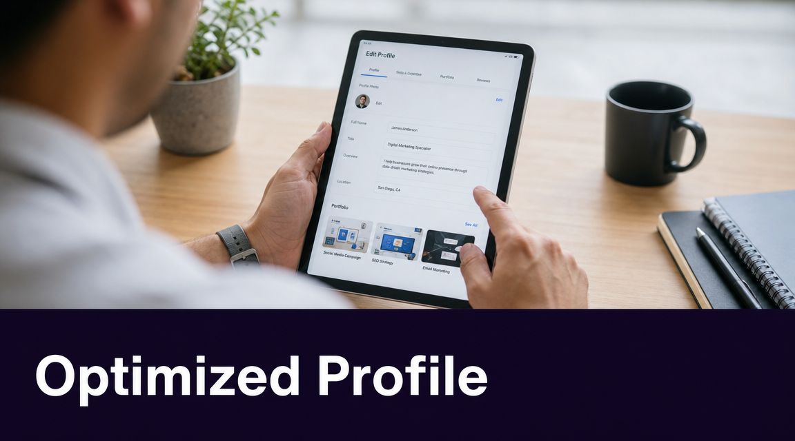 A person editing a professional online profile on a digital tablet to showcase lead generation examples.