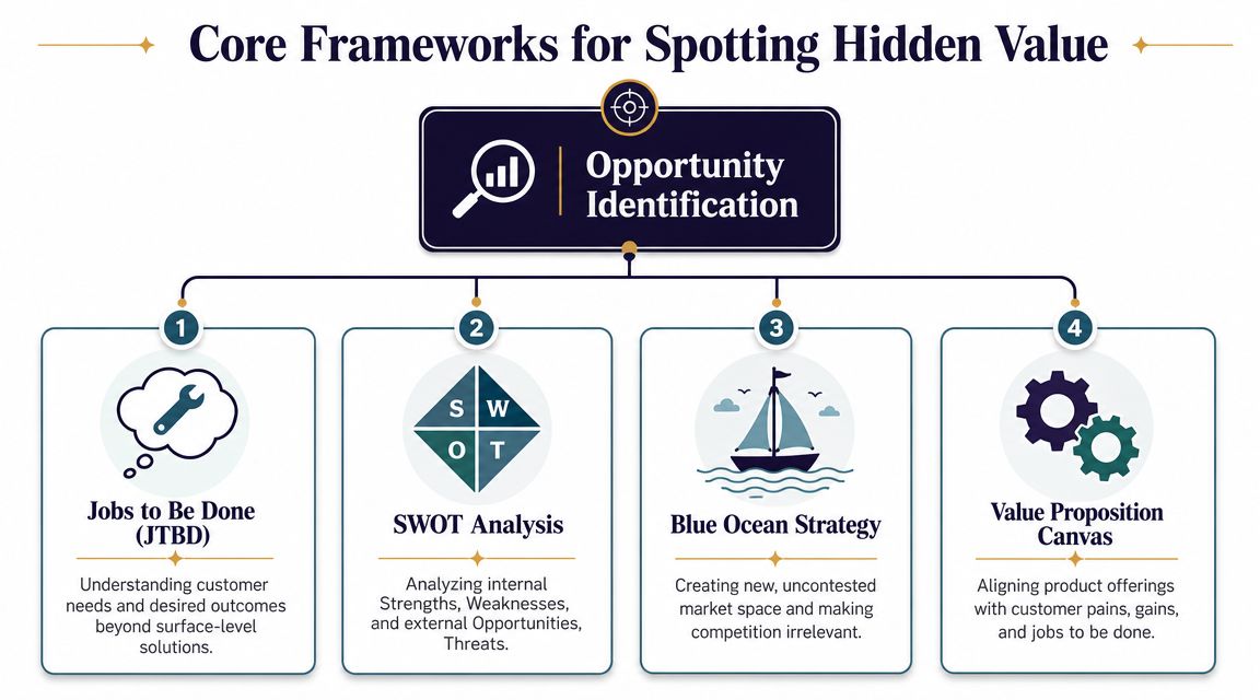 A diagram illustrating four core business frameworks used for identifying hidden value and market opportunities.
