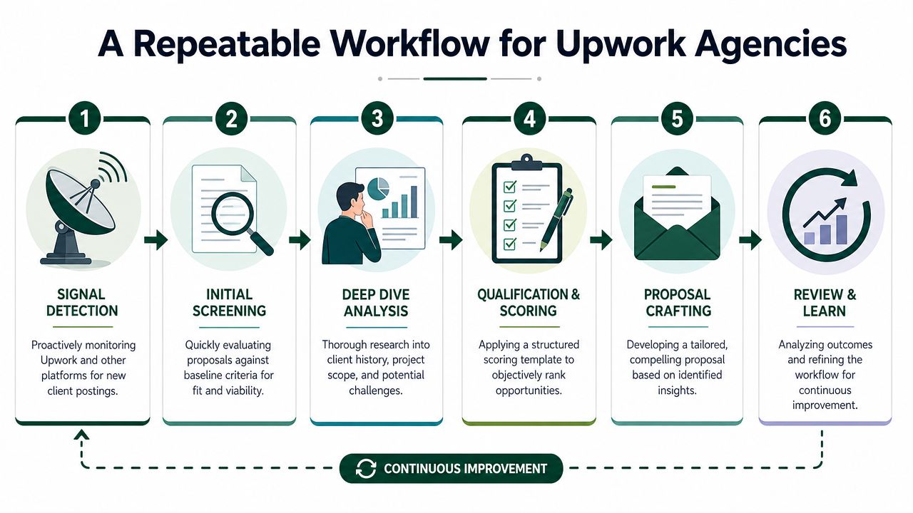 A six-step repeatable workflow diagram for Upwork agencies to identify and secure new client project opportunities.