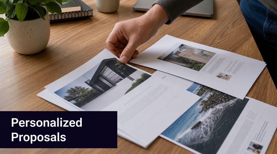 A professional reviewing printed architectural and coastal project proposals on a wooden desk with a plant.