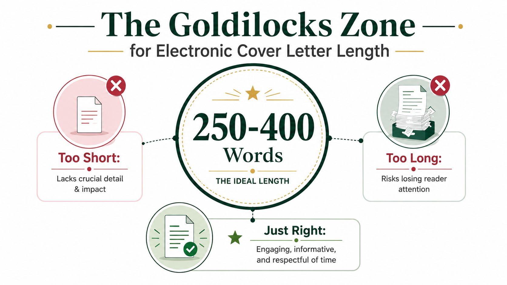 An infographic illustrating the ideal length for an electronic cover letter is between 250 and 400 words.
