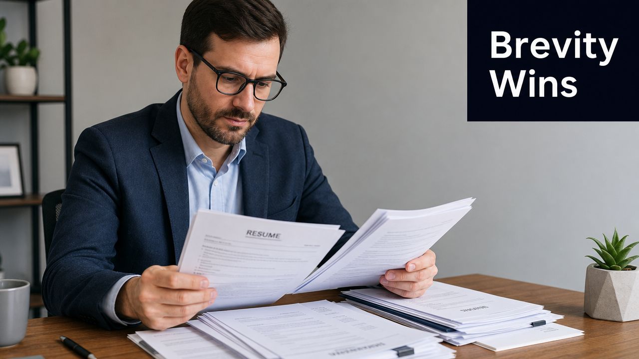 A professional man in a business suit reviewing stacks of resumes at his desk in an office.