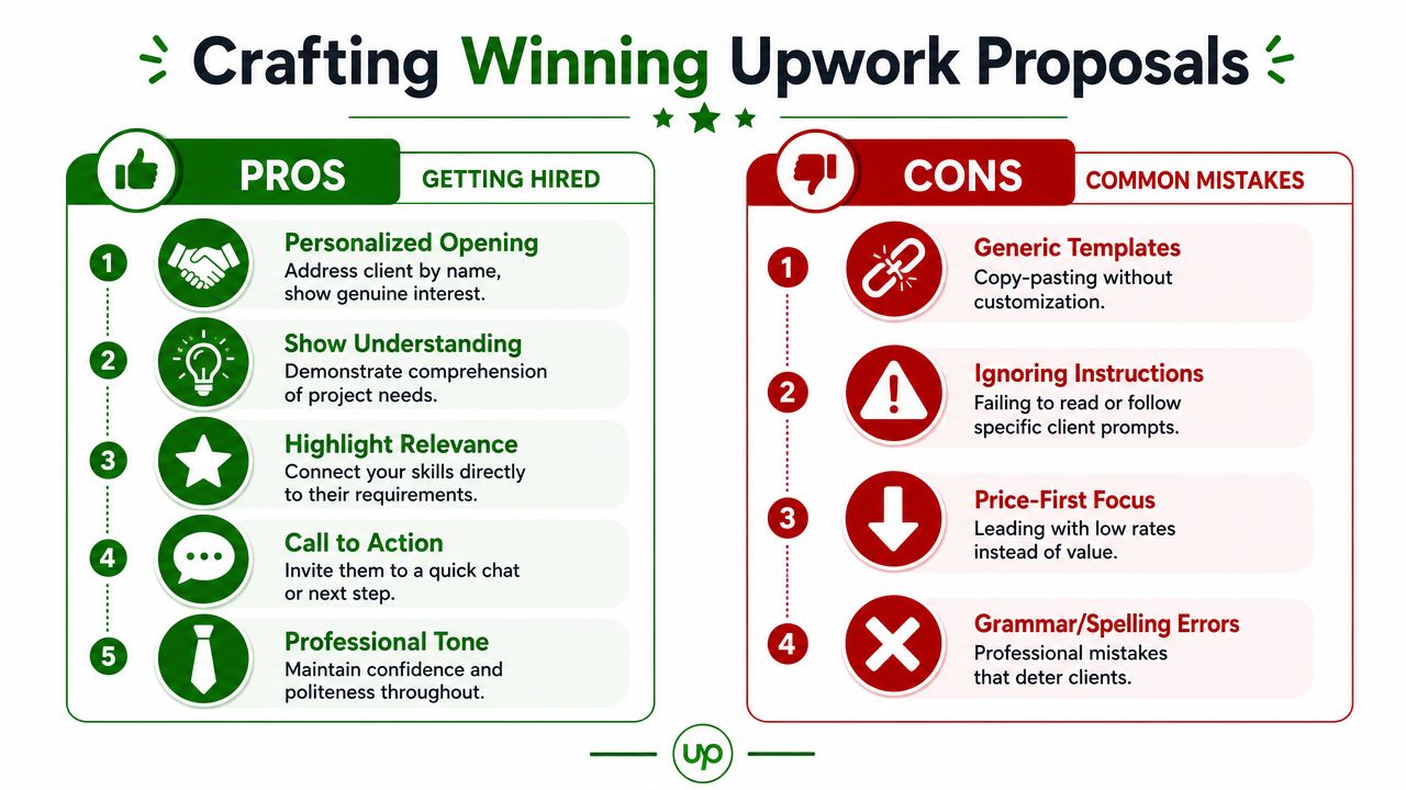 An infographic illustrating tips for writing effective and professional Upwork proposals to get hired by clients.
